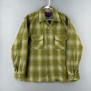 Vintage Ponderosa Shirt Mens Large Green Plaid Loop Collar Flannel Wool 60s 70s